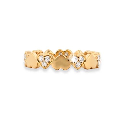 Alternating Pave Hearts Ring in 18ct Yellow Gold