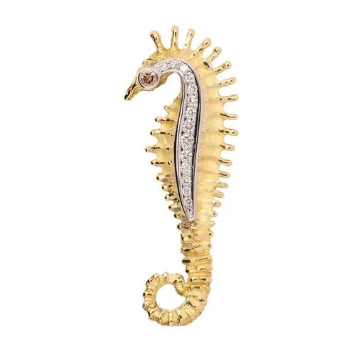 Bezel Seahorse Pendant Sculpture in 18ct Yellow Gold, Cognac & Pave Diamonds