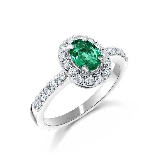 Oval Halo Emerald & Diamond Engagement Ring in 18ct White Gold