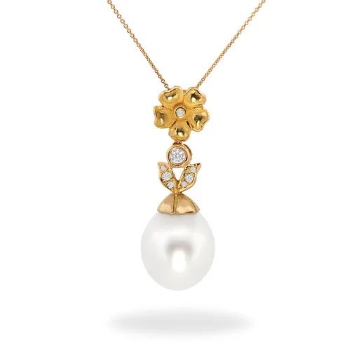 Sculpture Flower & Leaf Drop Pendant in 18ct Yellow Gold with Broome Pearl