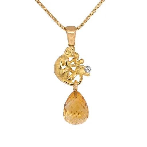 Sculpture Monkey Pendant in 18ct Yellow Gold, Citrine Briolette & Diamonds