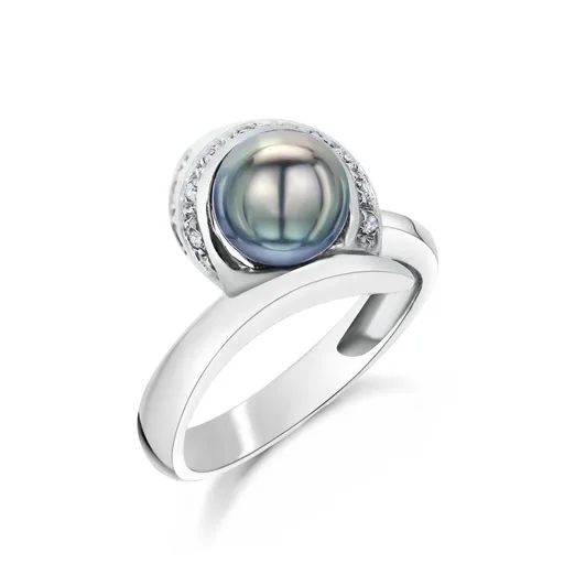 Akoya Pearl & Diamond Wave Ring in 18ct White Gold