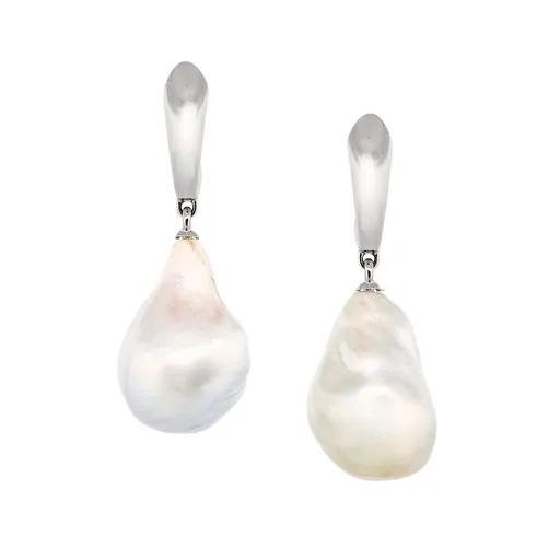 Baroque White Pearl Drop Huggie Earrings in 18ct White Gold