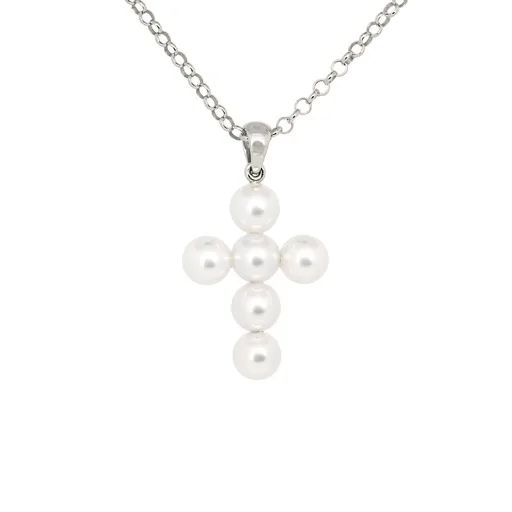 Cross Pendant in 18ct White Gold with Akoya Pearl