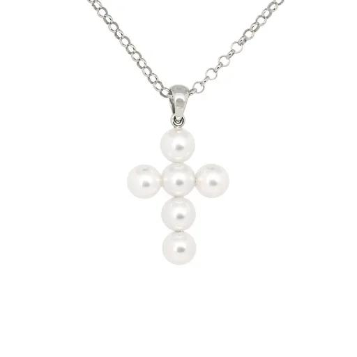 Cross Pendant in 18ct White Gold with Akoya Pearl
