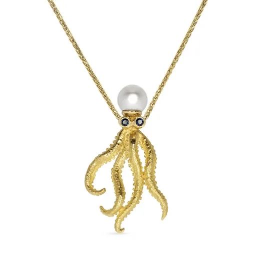 Octopus Pendant Sculpture with Sapphire Eyes, 18ct Yellow Gold, Broome Pearl