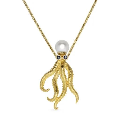 Octopus Pendant Sculpture with Sapphire Eyes, 18ct Yellow Gold, Broome Pearl