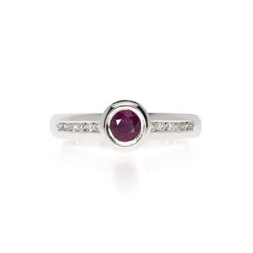 Round Bezel Set Ruby & Channel Set Diamond Ring in 18ct White Gold