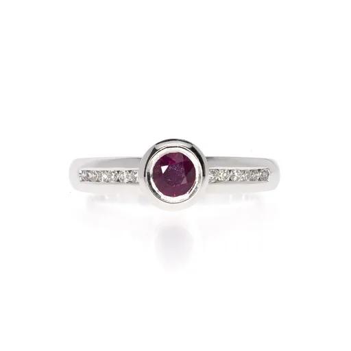 Round Bezel Set Ruby & Channel Set Diamond Ring in 18ct White Gold