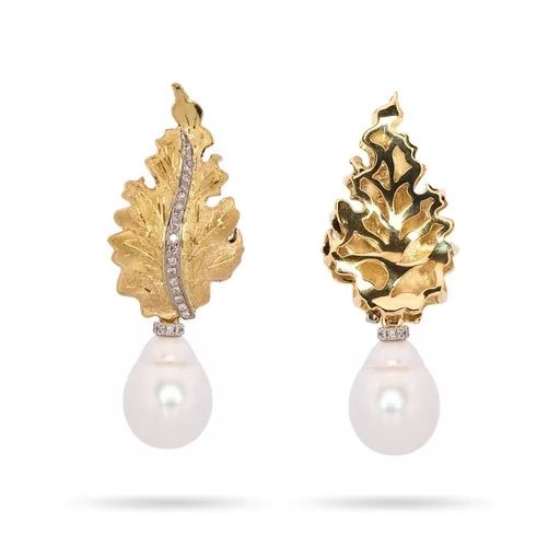 Sculpture Leaf Drop Pendant in 18ct Gold with Broome Pearl & Diamonds
