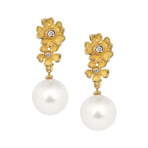 Sculpture Flower Drop Earrings in 18ct Yellow Gold with Broome Pearls