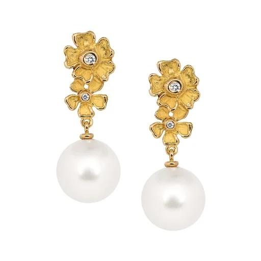 Sculpture Flower Drop Earrings in 18ct Yellow Gold with Broome Pearls