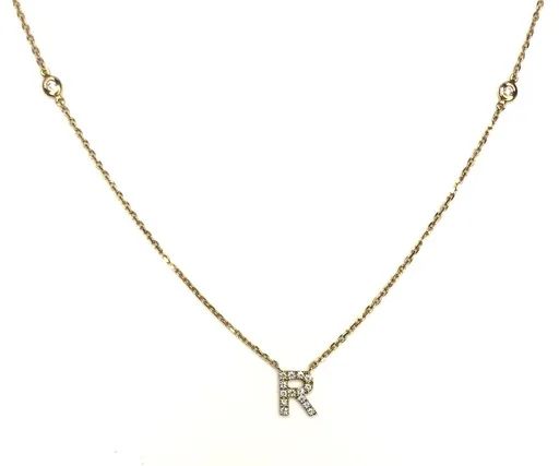 Letter R Pendant & Floating Diamond Chain in 18ct Yellow Gold