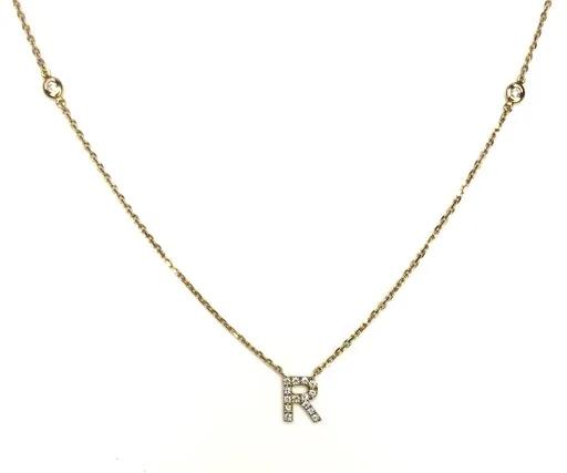 Letter R Pendant & Floating Diamond Chain in 18ct Yellow Gold