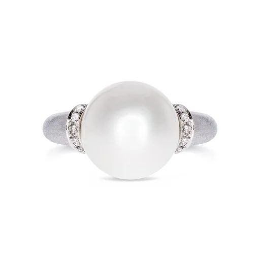 Excellent Pave Satin Finish Ring in 18ct White Gold, Broome Pearl & Diamonds
