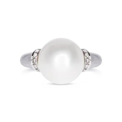 Excellent Pave Satin Finish Ring in 18ct White Gold, Broome Pearl & Diamonds