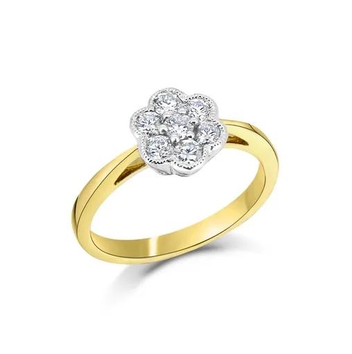 Daisy Flower Round Brilliant Diamond Milgrain Ring in 18ct Two Tone Gold