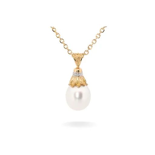 Floral Drop Pendant in 18ct Yellow Gold, South Sea Pearl & Diamonds