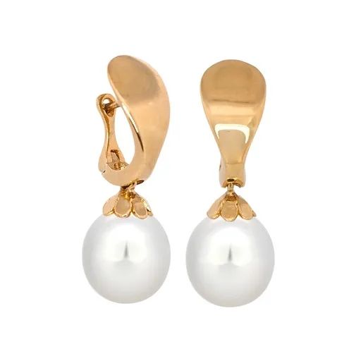 Broome Pearl Drop Huggie Earrings in 18ct Yellow Gold, Floral Cups