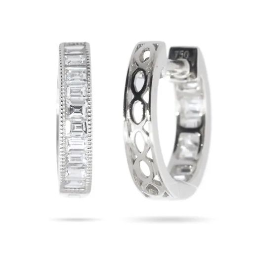 Huggie Earrings with Carved Clip and Baguette Diamonds in 18ct White Gold