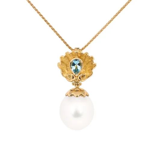Sculpture Seashell Pendant in 18ct Yellow Gold with Aquamarine & Broome Pearl