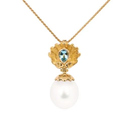 Sculpture Seashell Pendant in 18ct Yellow Gold with Aquamarine & Broome Pearl