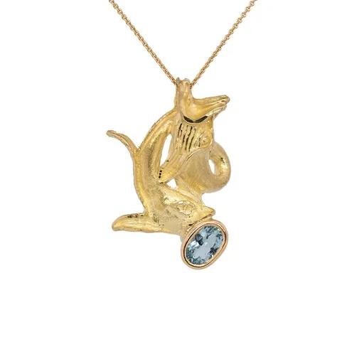 Zodiac Sculpture Pendant in 18ct Yellow Gold, Pisces & Aquamarine
