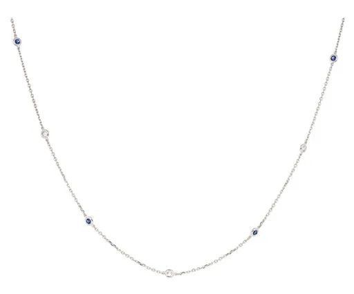 Ceylon Sapphire & Diamond Bezel Tiffany Style Chain in 18ct White Gold, 55cm
