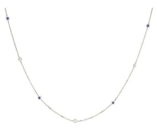 Ceylon Sapphire & Diamond Bezel Tiffany Style Chain in 18ct White Gold, 55cm