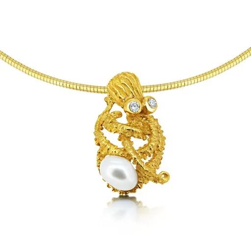 Octopus Champ Diamond & Broome Pearl Pendant in 18ct Gold