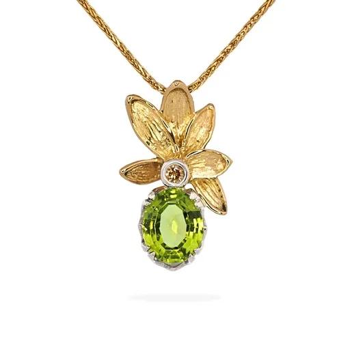 Flower Bezel Peridot Pendant with Cognac Diamonds in 18ct Two Tone Gold
