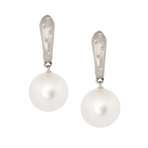 Satin Drop Earrings in 18ct White Gold with Broome Pearl & Diamonds