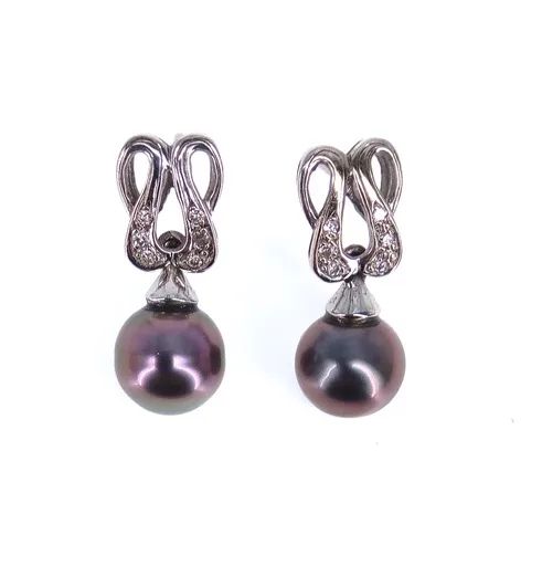 Japanese Dyed Pearl & Diamond Swirl Drop Earrings in 18ct White Gold