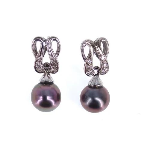 Japanese Dyed Pearl & Diamond Swirl Drop Earrings in 18ct White Gold