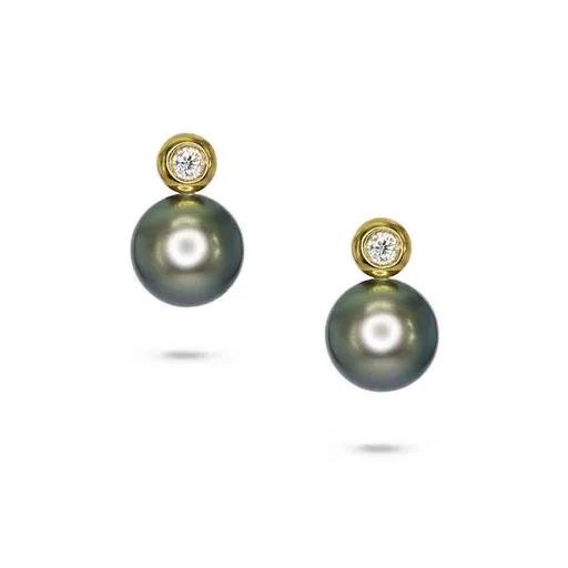 Bezel-Set Australian South Sea Pearl & Diamond Stud Earrings in 18ct Yellow Gold