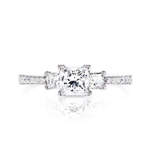 Platinum Pri Cut Trilogy Ring with Diamonds