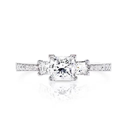 Platinum Pri Cut Trilogy Ring with Diamonds